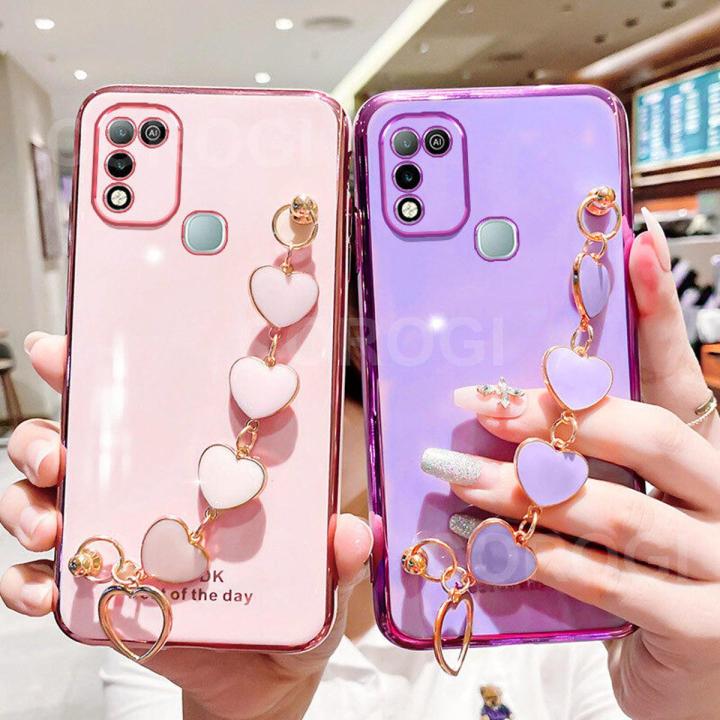 Maitus for Infinix Hot 11 Play Back Cover with Love Heart Bracelet Fashion Chain Plating Shiny Bling Cases Soft Silicone Mobile Phone Case for Girls Boy