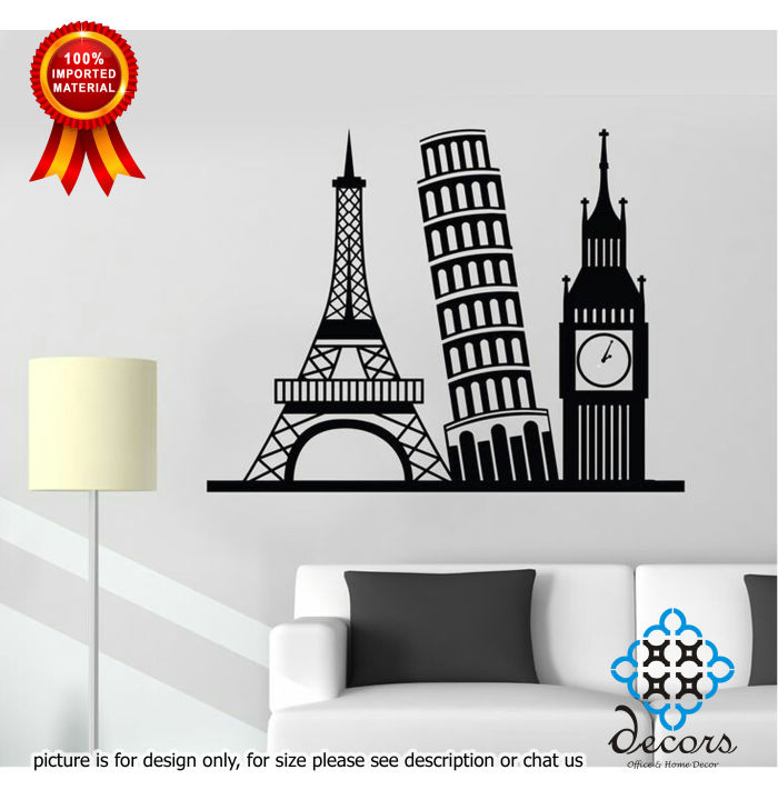 Decors - size- 2 x 1.5 feet - Wonder of World Travel Wall Stickers Vinyl Self Adhesive Decal for boys, girls, Home, Room, Office, Club, Gate, Entrance, Decoration lovers - Black color