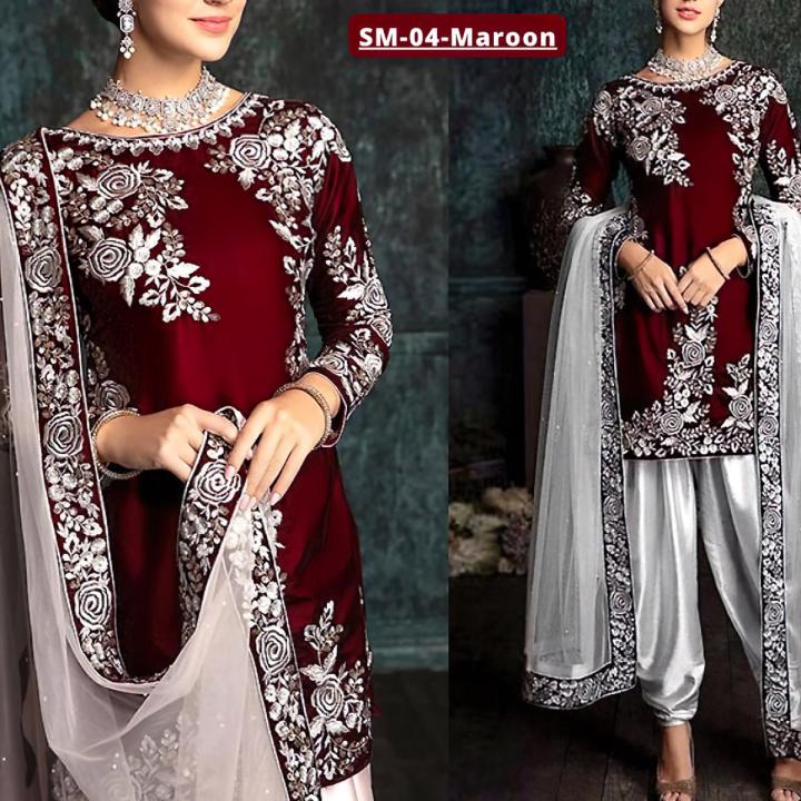 Fancy Embroidered Maroon Silk Party Wear Dress SM-04 Unstitched