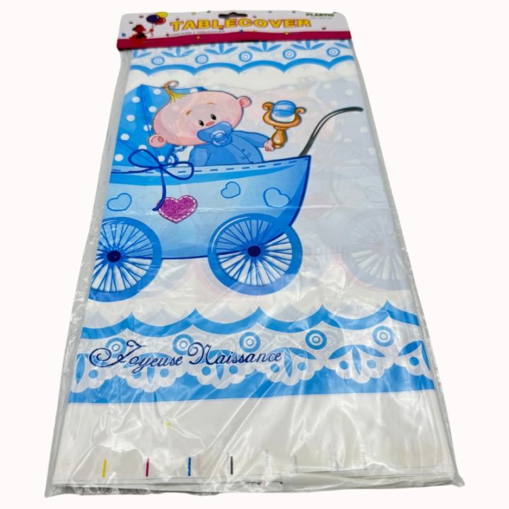 BABY BOY IN A CARRIAGE TABLE COVER - BABY BOY TABLE COVER - PLASTIC TABLECLOTH