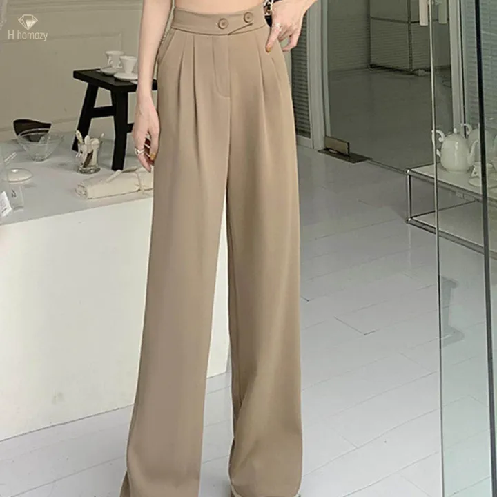 Womens%20Wide%20Leg%20Pants%20Straight%20Leg%20High%20Waisted%20Office%20Loose%20Long%20Pants%20L%20Khaki%20-%20Image%203