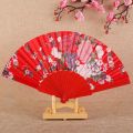 Portable Summer Cooling Gadget Flowers Printed Satin Hand Fan / Traditional Handcraft Folding Fans Delicate Chinese Art Souvenir Gifts. 
