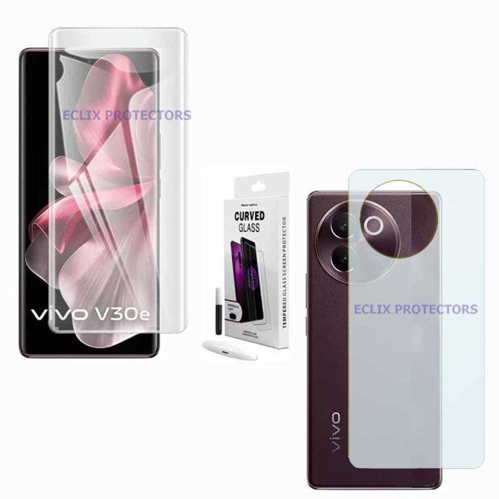 vivo V30e UV Glass Liquid Glue Tempered Glass Screen Protector + Back Matte Protector Soft Skin Sheet Film For vivo v30e - Transparent
