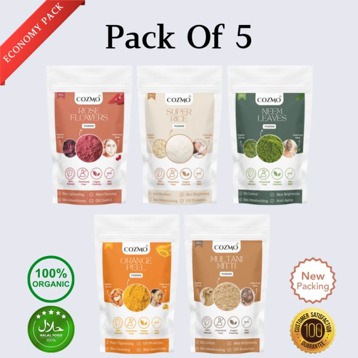 Set of 5 | Rose Flower Powder, Rice Powder, Neem Powder, Orange Peel Powder and Multani Mitti Powder - Cozmo