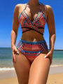Vintage National Cover Ups + Bikini Cross Strap Bra Women Three Piece Swimsuit Blue/Green/Red High Waisted Beachwear 2024 Summer. 