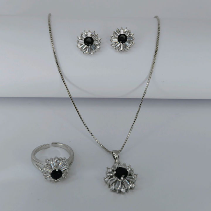 3 Pcs Jewellery for Girls – Black Stone Necklace, Ring & Earrings | Elegant Jewellery for Girls | Stylish Earrings and Necklace Set | Trendy Women’s Necklace Set | Perfect Gift for Women & Girls