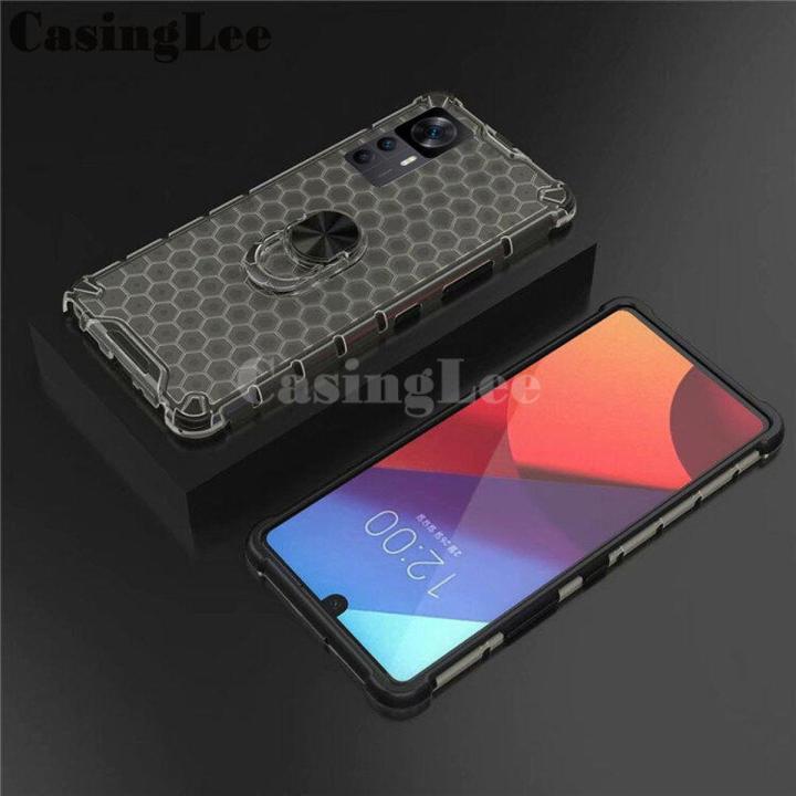 Phone Case Xiaomi 12T Pro Back Cover Clear Beehive Design Car Magicnet Air Cushion Magicnet Buckle Bracket Ring Transparent Casing for Mi12T Pro Cover Cases