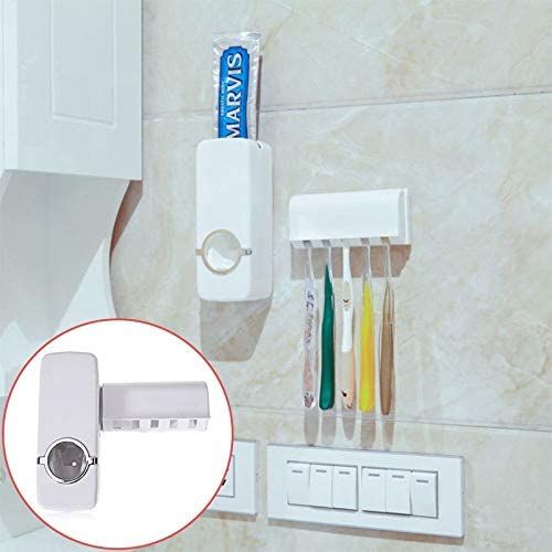 Automatic Toothpaste Dispenser 5 Toothbrush Holder Set Wall Mount Stand ...