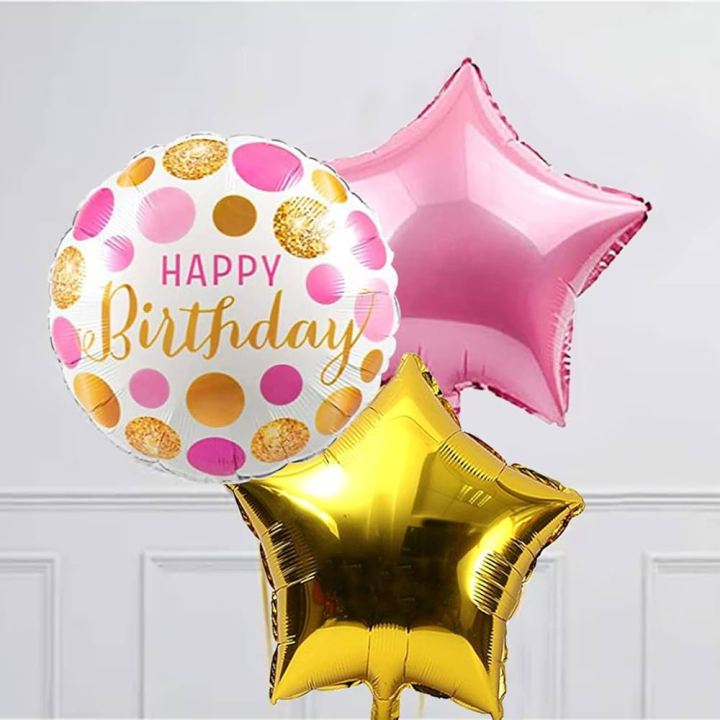 Happy Birthday Gold & Pink Stars Foil balloons With Round HBd Foil set ...