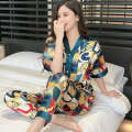 Multiple spring and summer ice silk Korean version short sleeved pants printed fat MM plus size women's sleepwear home suit set. 