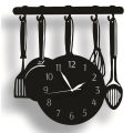 Kitchen  wooden wall  clockSpoon Fork And Fry Pan Utensils Style Made By Laser Cut Wooden Wall Clock, New  Favorite  In Modern Home Decor Wall Hanging Decoration In Black and Brown Colour In 16 Inches Size. 