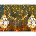 Fancy Golden Happy Birthday Buntings Banner With Fairy Light , Confity & Latex balloons With Golden Ribbon Roll. 