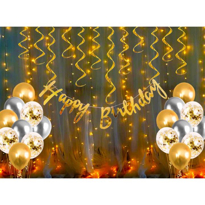 Fancy Golden Happy Birthday Buntings Banner With Fairy Light , Confity & Latex balloons With Golden Ribbon Roll