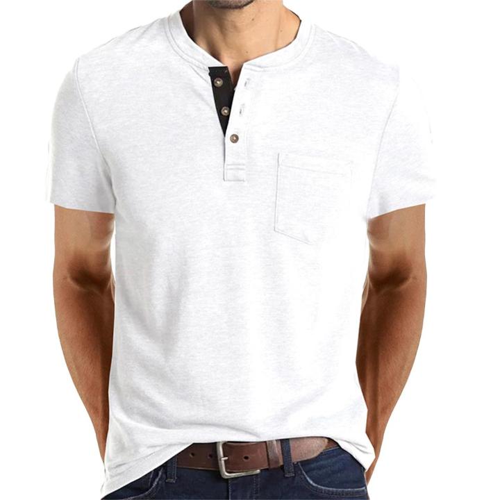 Men's Summer Henley Collar Tops, Solid Color Short-Sleeve Buttoned Decoration Slim T-shirt