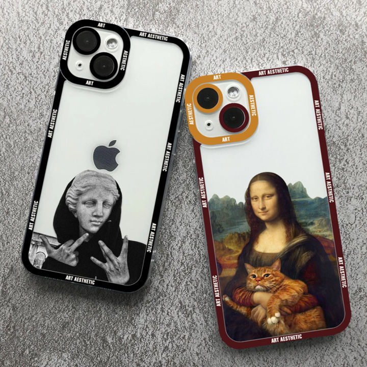 TAHANgTA New style  New style Great Art Aesthetic David Mona Lisa Clear Phone Case For iPhone 15 14 13 12 11 Pro Max Mini XS X XR SE 2020 7 8 Plus Soft Cover