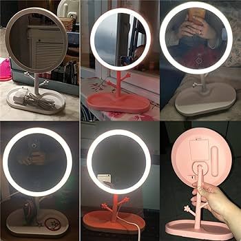 LED Makeup Mirror Desktop Rotating Mirror Round Shape Cosmetic Mirrors Adjustable Touch Dimmer Vanity Mirror- White/Pink