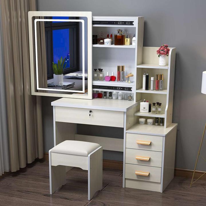 Modern Makeup Vanity Dressing Table with Sliding Mirror, Vanity Desk Set for Women, Cushioned Stool, 4 Drawer Shelves Hidden Storage Compartment - Elevate Your Space with This Contemporary Beauty Haven