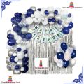 Happy Birthday Decoration Set Theme Including ( 30x Balloons, 3x confetti Balloons Blue, Happy Birthday Banner and Silver Foil Curtain 3x6). 
