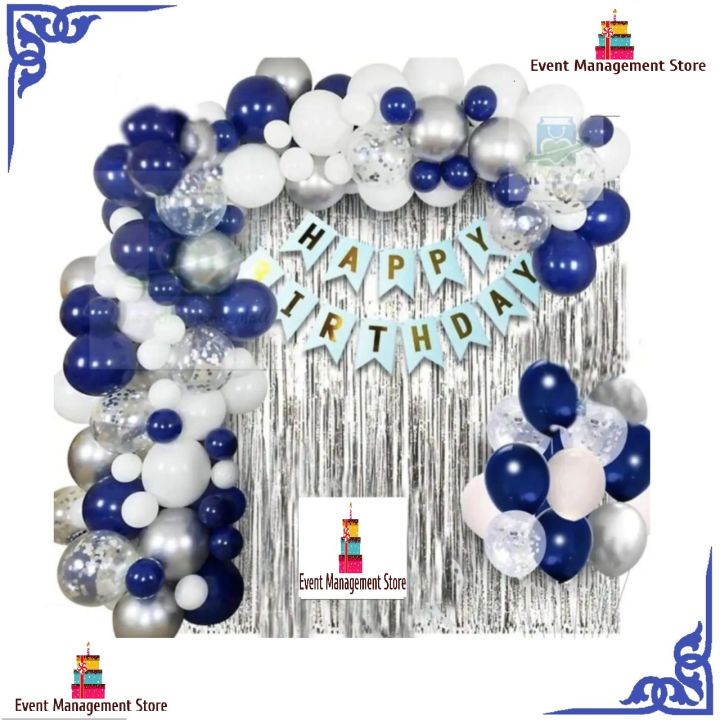 Happy Birthday Decoration Set Theme Including ( 30x Balloons, 3x confetti Balloons Blue, Happy Birthday Banner and Silver Foil Curtain 3x6)