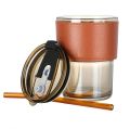 450ml Glass Tumbler with Straw, Lid & Leather Sleeve, Leather Sleeve With Protective Leather Sleeve, Reusable Glass Coffee Tumbler. 