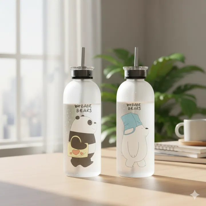 We Bare Bears Frosted Water Bottle with Straw - 1000ml/1 Liter Cute ...