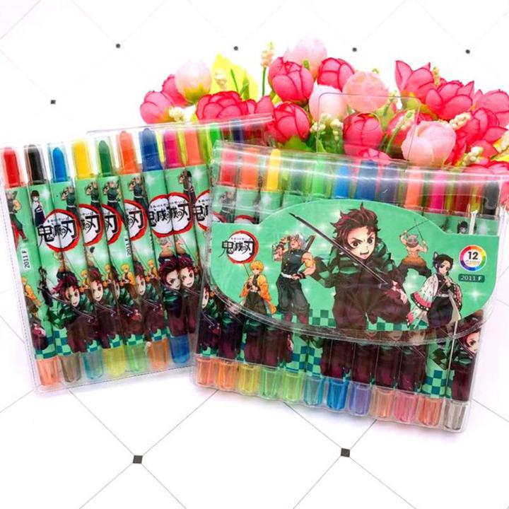 12colors Demon Slayer Kimetsu No Yaiba Anime Rotating Crayons Oil Pastel Colored Pencil Graffiti Pen For Kids Painting Drawing