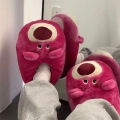 Cute Cartoon Rose Red Bear Warm Non-Slip Strawberry Home Plush Cotton Slippers For Women. 