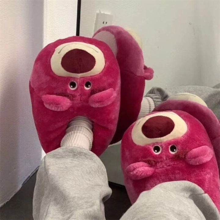 Cute Cartoon Rose Red Bear Warm Non-Slip Strawberry Home Plush Cotton Slippers For Women