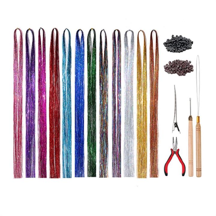 Hair Extension Colored Wire Hair Extension Wire Tinsel Set Heat Resistant Fairy Hair Tinsel Set with Tools
