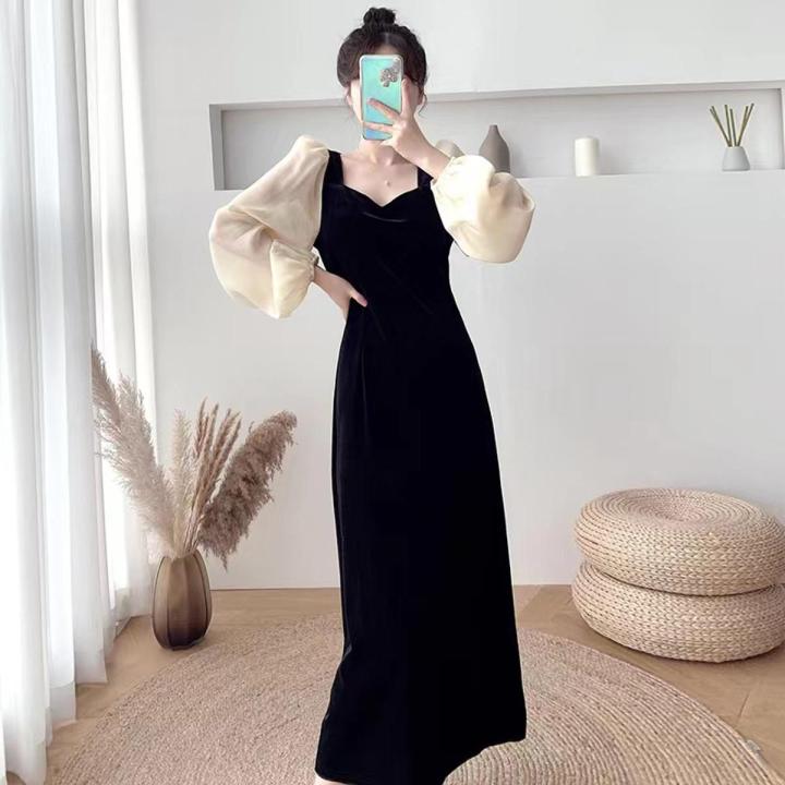 Gold velvet long sleeve dress best sale