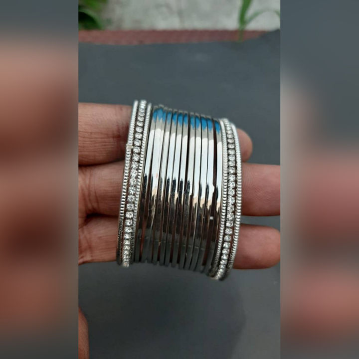 Pack of 16 Plain Silver Bangles With 2 Stones Bangles For Beautiful Woman-Girls-Box Free