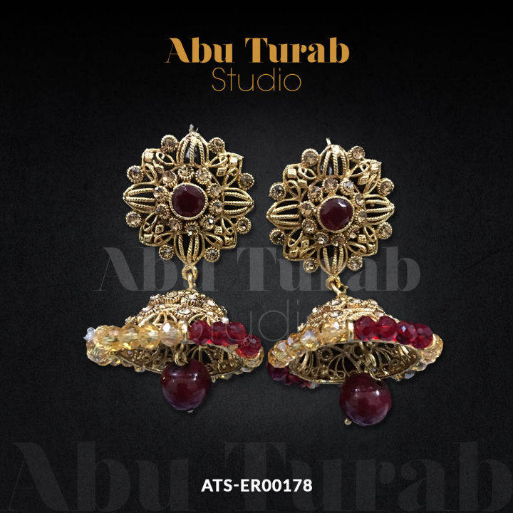 Abu Turab Studio - Meenakari Work Golden Jhumka with Maroon & Rose Gold Stones for Ladies  Modern Designer Earrings