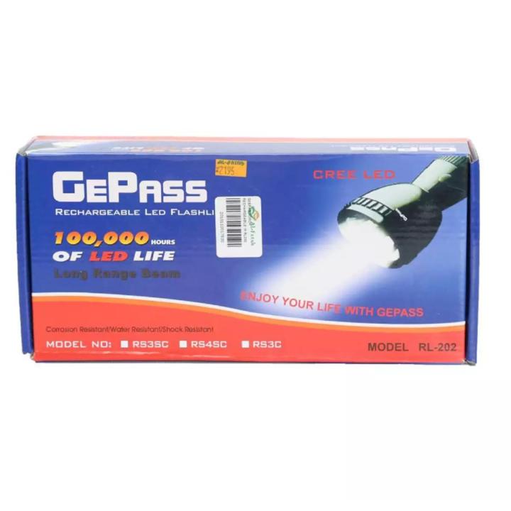 Gepass Long Range Super Bright LED Torch RL-201, RL 601, 202, 203| Ultra Long Beam Flashlight | Geepass High Beam Torch Flashlight for Hiking, camping, sight visits | Professional High Beam Emergency Light, Emergency Rechargeable battery