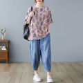 Women Loose Shirt Plus Size Short Sleeves Tops Round Neck Pullover Floral Printing Blouse. 