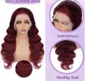 100% Real Human Hair Wig 13x4 HD Swiss Front Lace Full Head Cap Glueless Pre Plucked Dyeable Straight Light Body Wave Natural Hairline 30"inches Long Adjustable Elastic Band for Girls Women Ladies Cancer Chemotherapy Patient - Burgundy Beetroot. 