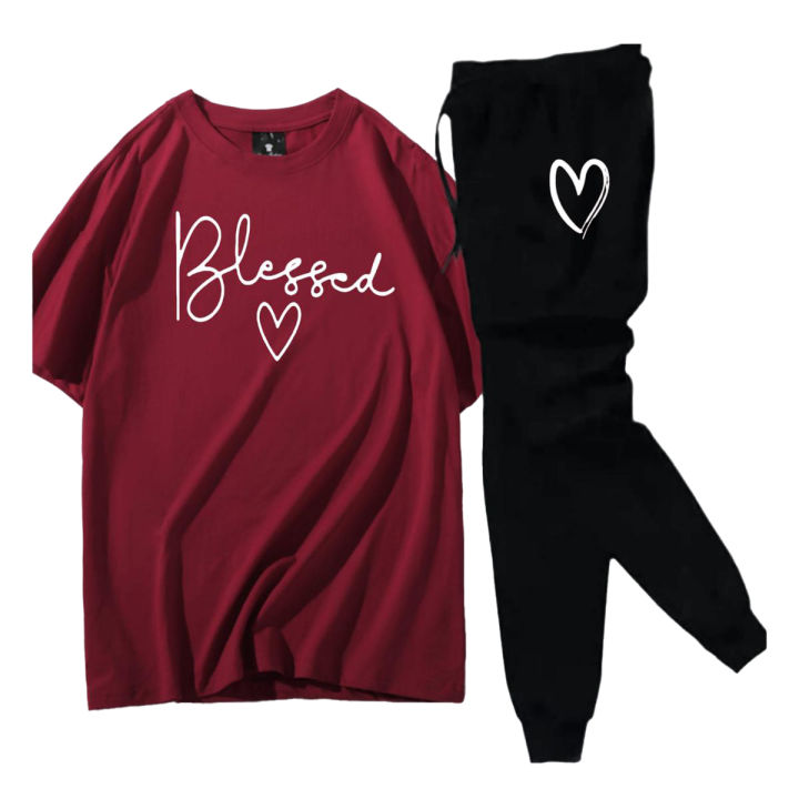 Maroon Trendy Printed Tracksuit For Girls & Womens - Soft & Comfortable Fabric T Shirt & Trouser Printed Tracksuit