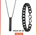 PACK OF 3 AMAZING NECKLACE DEAL FOR MEN | FASHION HIGH QUALITY BLACK BAR STICK NECKLACE + BLACK STAINLESS STEEL CHAIN BRACELET + BLACK TITANIUM STAINLESS STEEL HEARTBEAT RING FOR BOY AND MEN. 