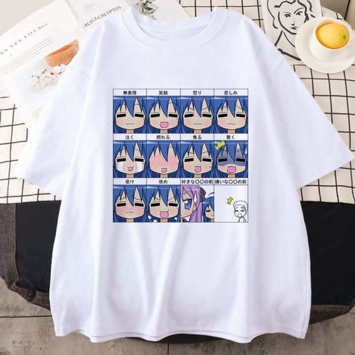 Lucky Star Konata T-shirts Funny Cartoon Graphic Printing Tee-shirt Streetwear Hip Hop Summer Cotton Tshirts Men Women Tees Tops