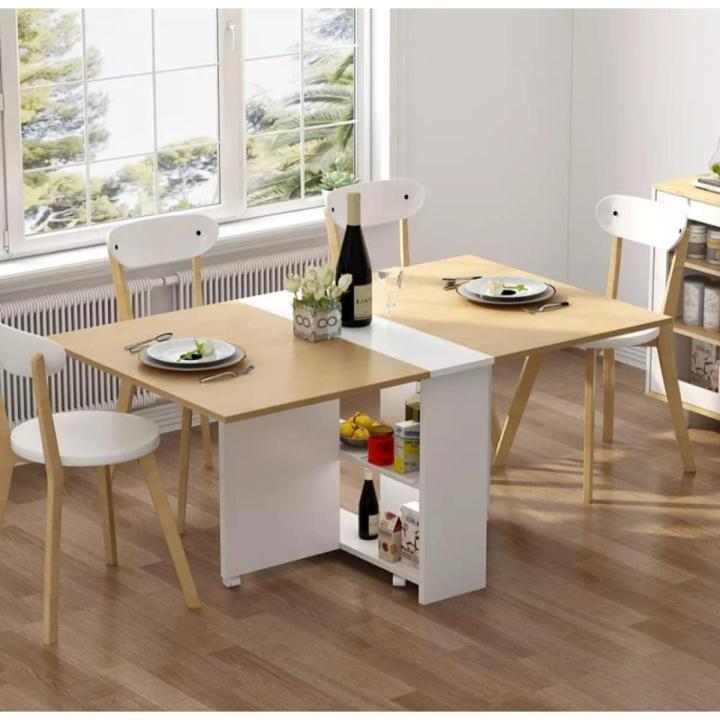 Clever-Space saving folding dining table-TWDT8-white and Brown, White and camal, Extendable Table with Cabinets, Home Kitchen Furniture Decor Lunch/Computer Desk Storage Rack, 55"L x 31.5"W, Chairs Not Include
