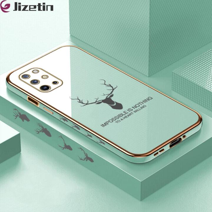 Jizetin (Free Lanyard) for OnePlus 8T Back Cover Antlers Luxury 6D Plating Case Side Pattern Soft Silicone Square Phone Cases
