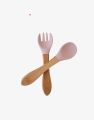 Random Color - Silicone Baby Feeding Forks and Spoons Set With Wooden Handle, Self-Feeding, Silicone Baby Utensils. 
