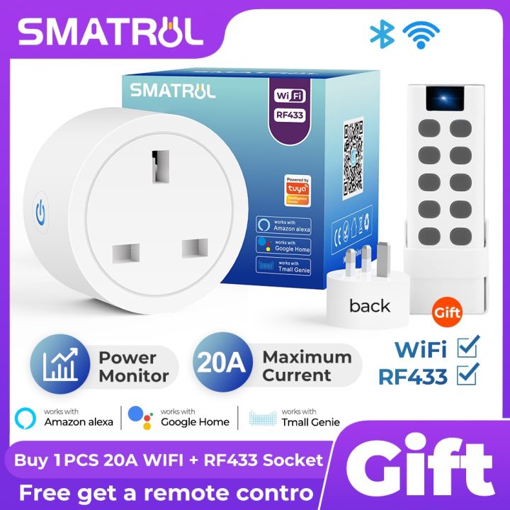 SMATRUL Smart Plug Socket 3 Pin Wifi RF433 20A Outlet Adapter Power Monitor Wireless Remote Control Voice Timer for Tuya Smart Life Google Home Alexa Tmall Genie