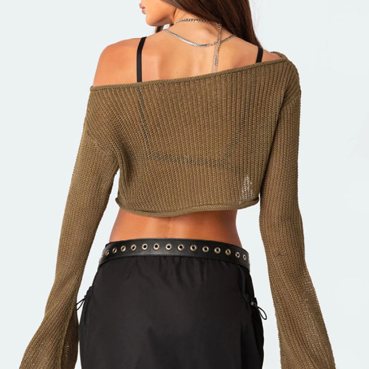 bellylady%20Women%20Knit%20Crop%20Tops%20Long%20Sleeve%20Hollow%20Out%20Pullover%20Tops%20Off%20Shoulder%20Y2K%20Beachwear%20Poncho%20Sweater%20-%20Image%204