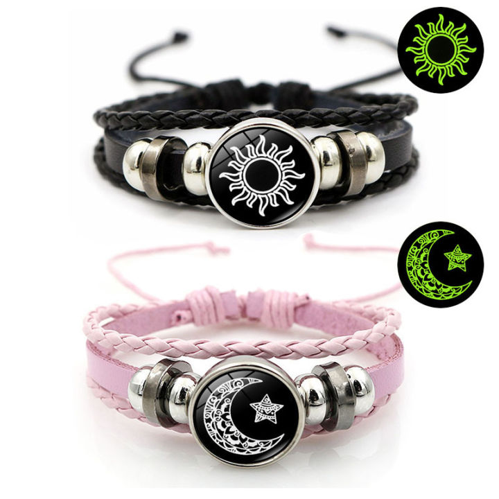 【Hot demand】2Pcs Luminous Couple Bracelets Sun Moon Adjustable Black Braided Bracelet Friendship Fashion Romantic Jewelry Birthday Gifts Mzea