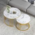 Stylish Metallic Mid Coffee Table Set with Gold Metal Frame - Round Side Table with Shelf, Nesting Coffee Table Set of 2, Stackable Metal Coffee Tables for Nesting Tables, Center Table, Wooden Table, Coffee Table, and Cocktail Table!. 