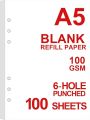 A5 Blank Paper 6-Holes Punched, 100 Sheets (200 Pages), 100 gm, Binder Paper-Ring Hole Punch Blank Refill Paper-Printing Paper. 