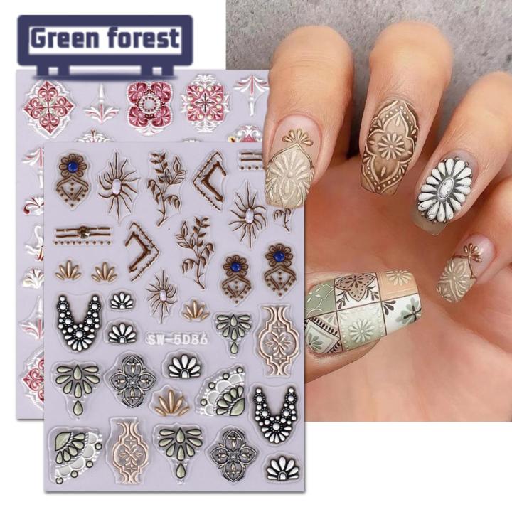 Green forest Nail Art Sticker Flower Design Embossed Slider 5D Nail Decal