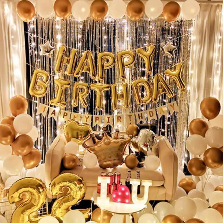 Golden Happy Birthday Decoration Kit Combo 43Pcs for 22 Birthday Party Banner, Balloon, Heart , Crown Foil Girls Boy Age Décor Or Gifts with Led Fairy Lights