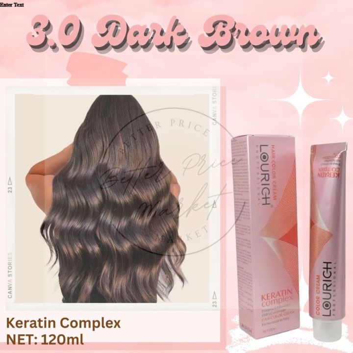 Lourich Keratin Complex Professional 3.0 Dark Brown Hair Dye Color Cream With Developer