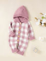 Newborn Hooded Knit Jumpsuit, Toddler Casual Plaid Pattern Long Sleeve Button Romper. 